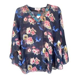 Handmade Woven Chiffon Floral Printed Metallic V-neck Poncho